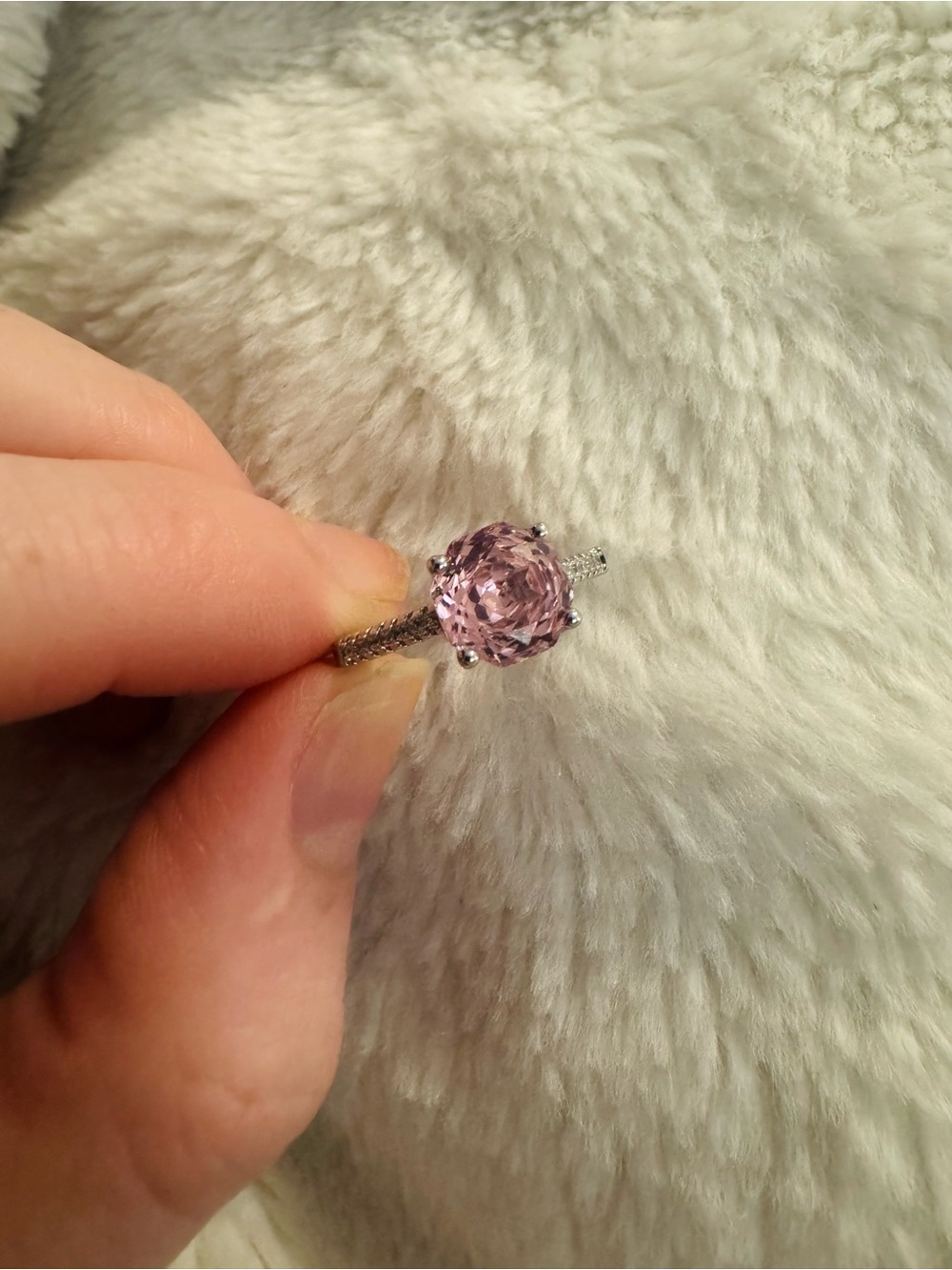 Pink Cubic Zirconia Halo Ring in Silver Tone